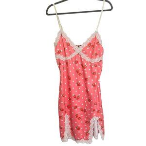 Zaful Pink Strawberry Print Polka Dot Babydoll Nightie Slip Dress Sz XL Lace